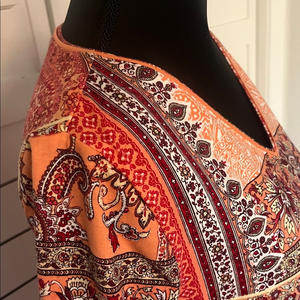 Chico's Vibrant Red and Orange Boho Patchwork Top Tunic Sz 0 - Picture 3 of 12
